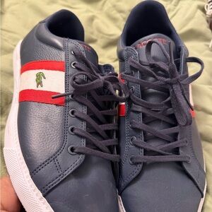 Lacoste Men's Blue Sneakers with Red and White Stripes
